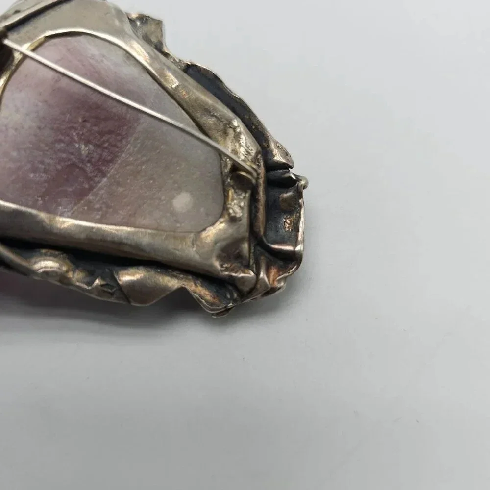 Vintage Artisan Abstract Brutalist Sterling Silver Purple Roman Glass Brooch Pin